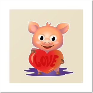 Cute pig hug big red heart with love Posters and Art